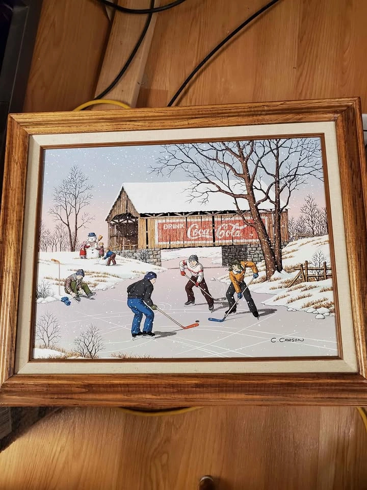 Wintery Hockey Scene with Coke-Cola Bridge Oil Painting - photo 2