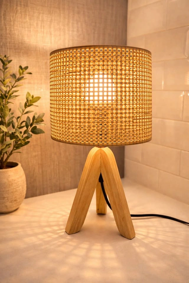 BRAND NEW! Modern Rattan Table Lamp - Warm Light - Wooden Tripod