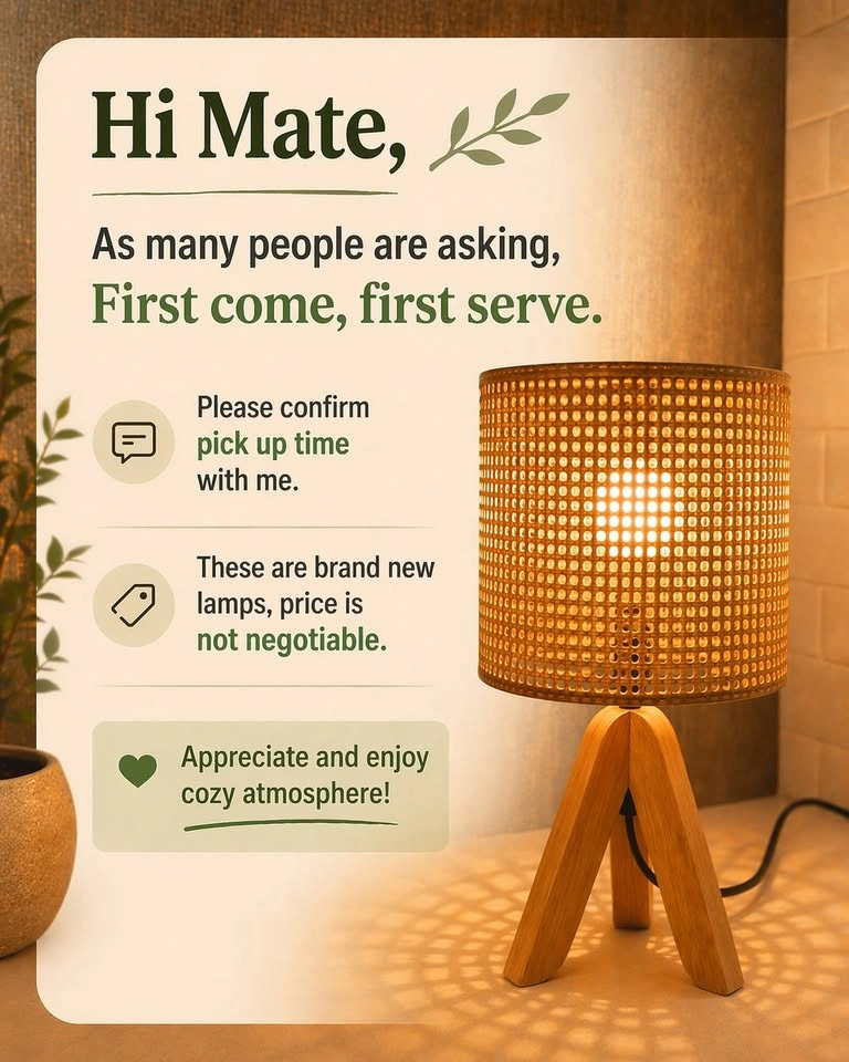 BRAND NEW! Modern Rattan Table Lamp - Warm Light - Wooden Tripod - photo 4