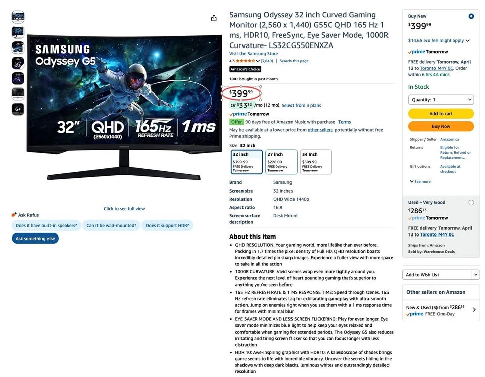 Samsung Odyssey 32" QHD 165Hz Curved Gaming Monitor G55C