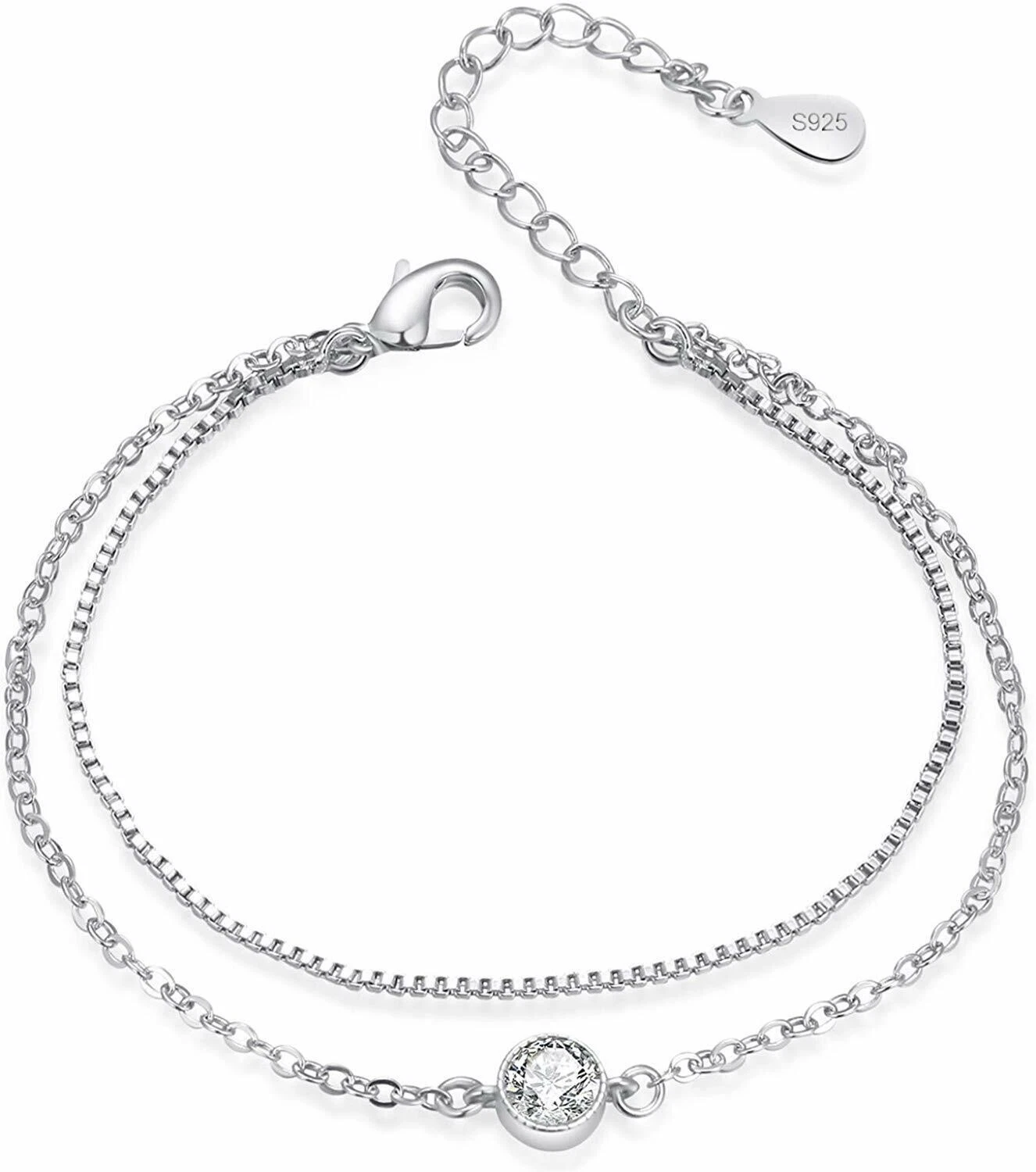 White Gold Plated Sterling Silver Cubic Zirconia Double Chain Br