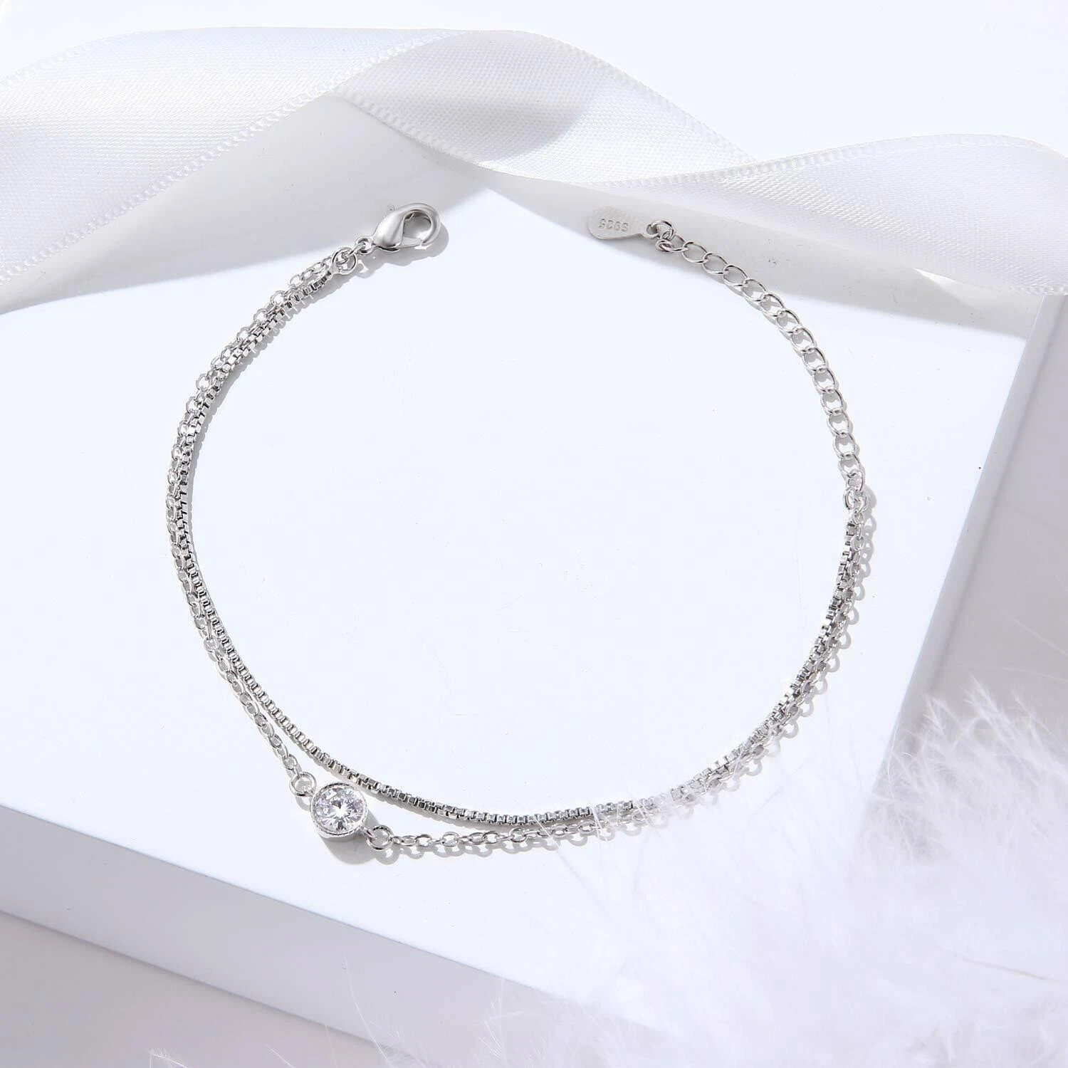 White Gold Plated Sterling Silver Cubic Zirconia Double Chain Br - photo 4