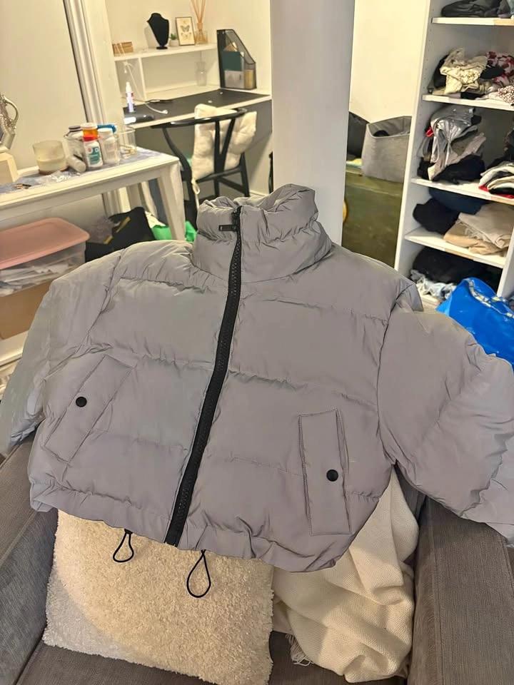 Grey reflective puffer coat