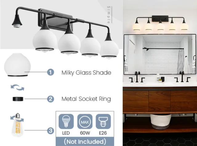 HAHZT 5-Light Black Bathroom Vanity Light image indicator(9)