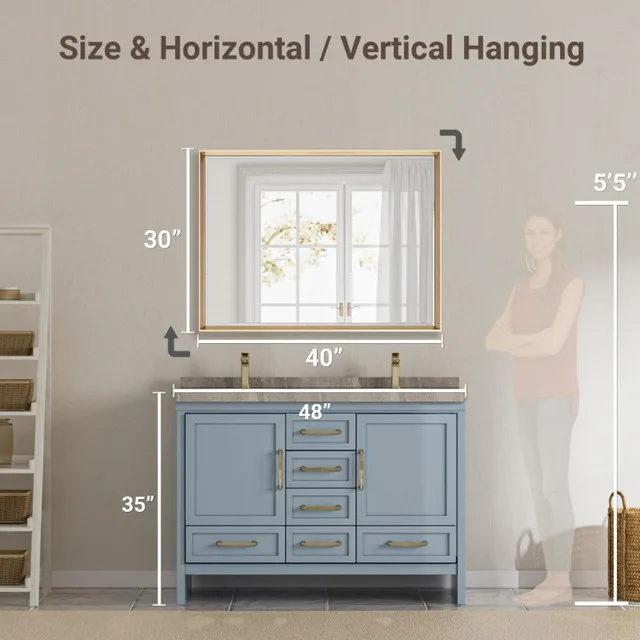 BRAND NEW QueenFun 40"x30" Gold Beveled Metal Framed Mirror image indicator(5)