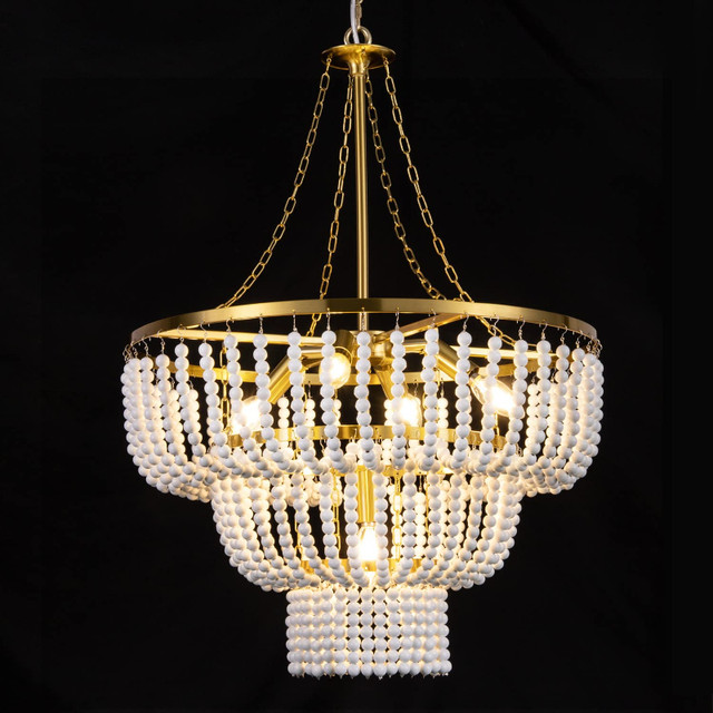 BRAND NEW Wellmet 22” Boho Wood Beaded Chandelier, Gold