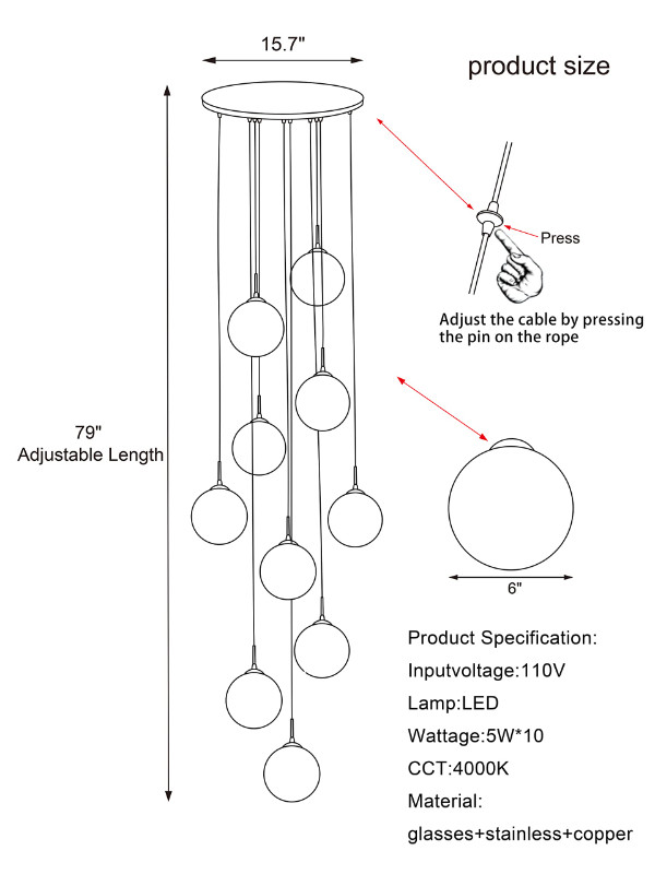 KAUCQI 10-Light LED Stairs High Ceiling Chandelier - photo 4