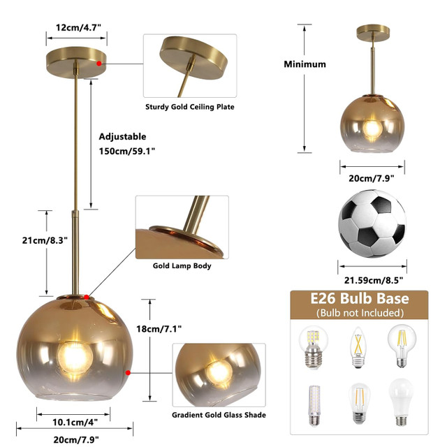 KCO Lighting Modern Gold Glass Pendant Light NEW - photo 3
