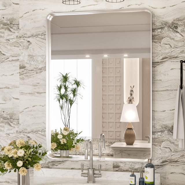 TokeShimi 24 x 32 Inch Brushed Silver Metal Frame Mirror NEW