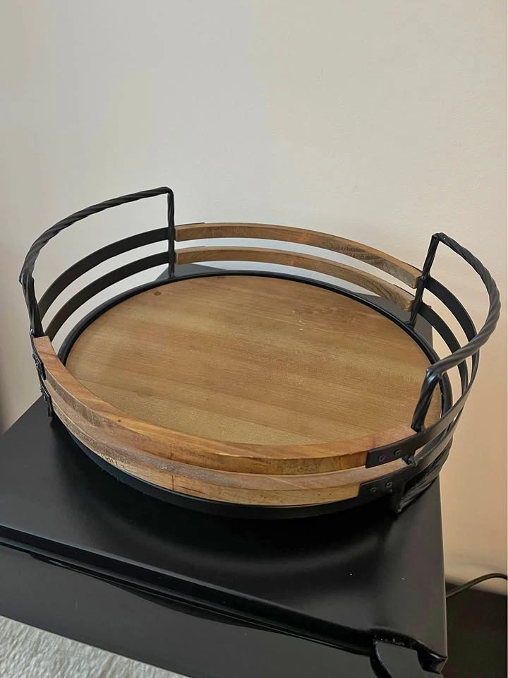Round Wood Metal Tray Rustic Decor