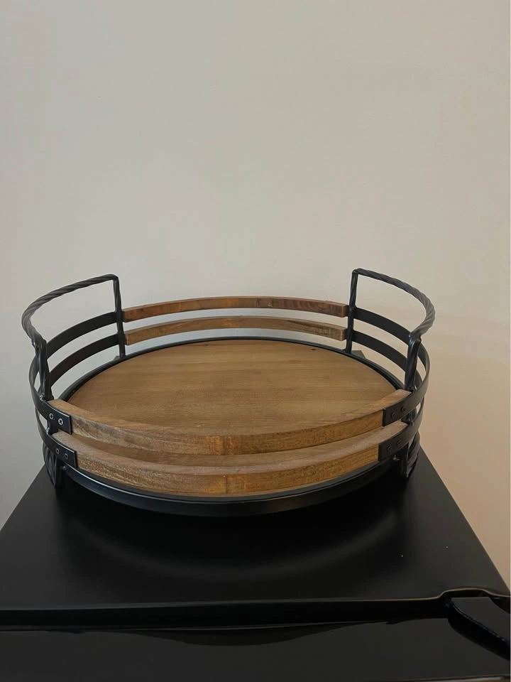 Round Wood Metal Tray Rustic Decor - photo 2