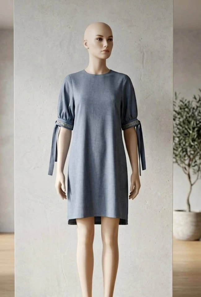 Blue Denim-like A Line Dress with Tie Sleeves XS