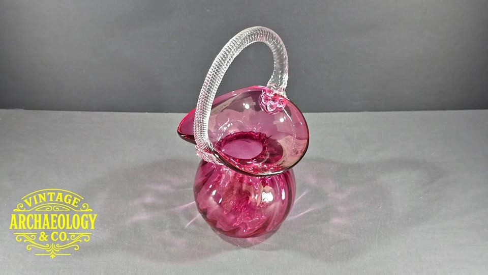 CRANBERRY GLASS BASKET WITH TWISTED CLEAR HANDLE
