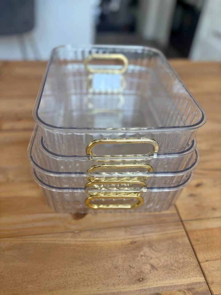 Set of 4 Clear Storage Baskets w/ Gold Handles