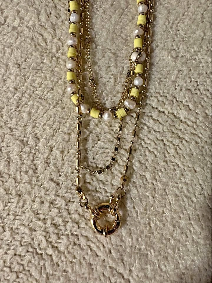 Layered Gold Necklace with Pearls and Yellow Beads - NEW