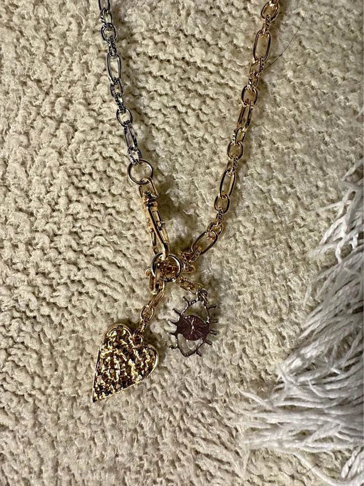 Mixed Metal Heart and Eye Charm Necklace - NEW