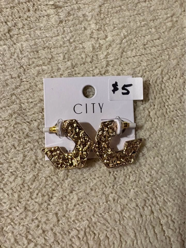 Gold Textured Geometric Hoop Earrings - NEW - photo 2