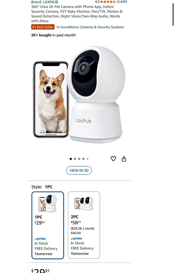 Laxihub 2K Indoor Camera – 360° Baby/Pet Monitor, App Control