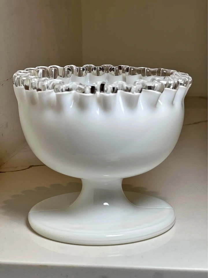 Fenton Silver Crest Milk Glass Ruffled Pedestal Bowl