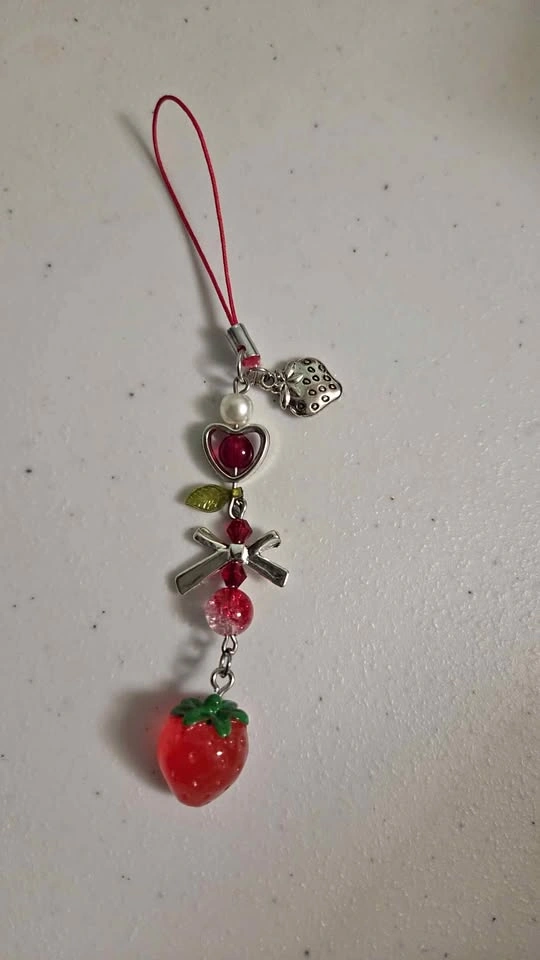 Handmade Strawberry & Heart Phone Charm / Bag Accessory