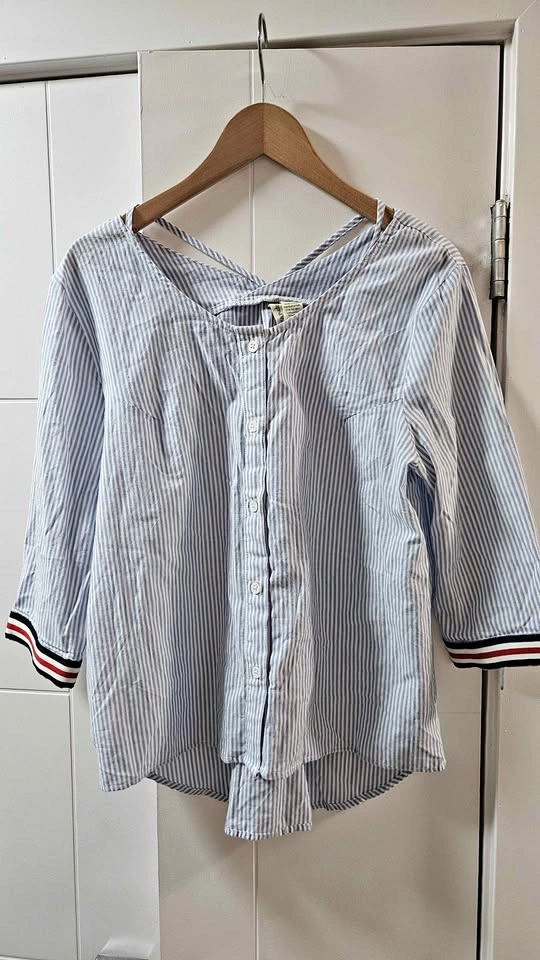 Japna Blue White Striped Blouse 3/4 Sleeve Criss-Cross Back