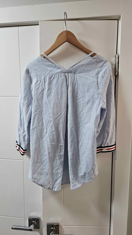 Japna Blue White Striped Blouse 3/4 Sleeve Criss-Cross Back - photo 2