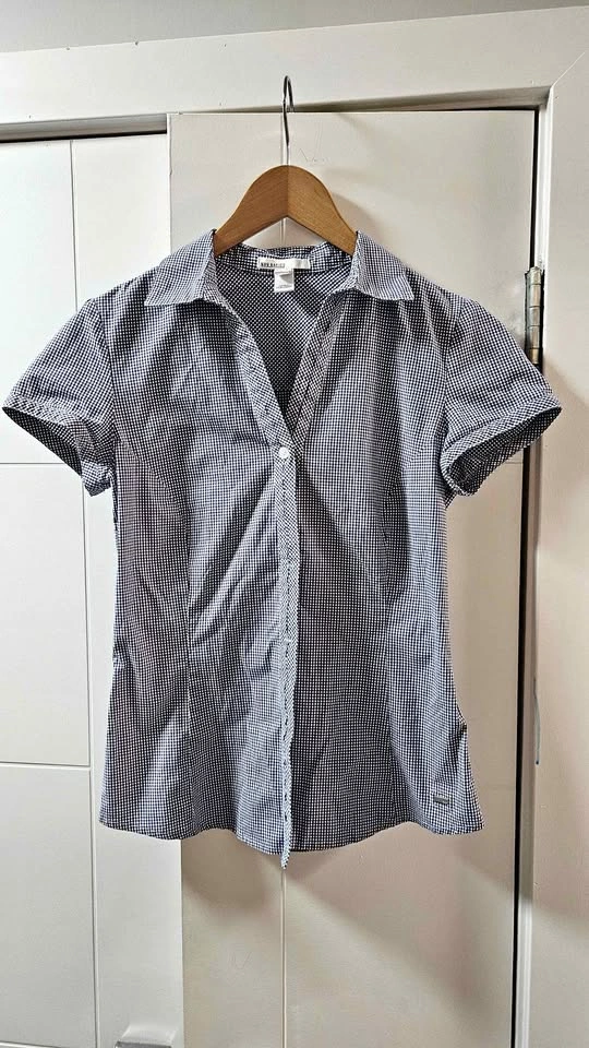 MNG BASICS blue white gingham short sleeve button up shirt size