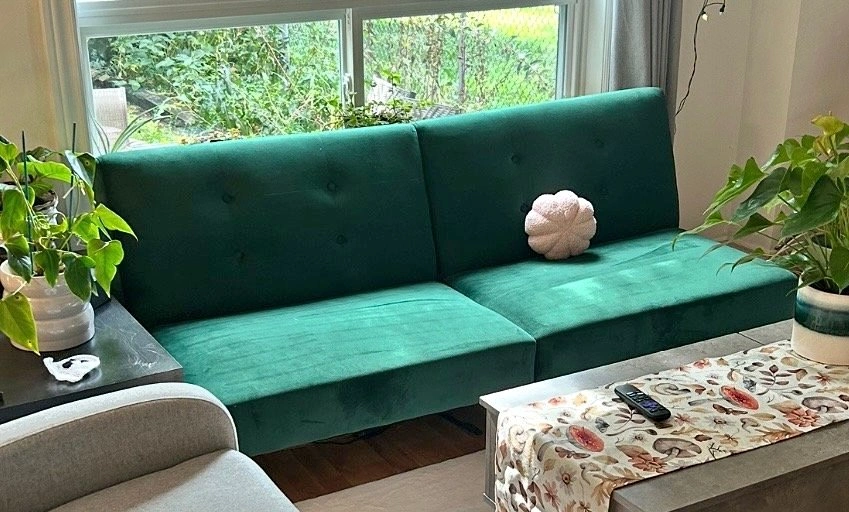 Green velvet futon / couch (+ matching mirror)-Moving next week