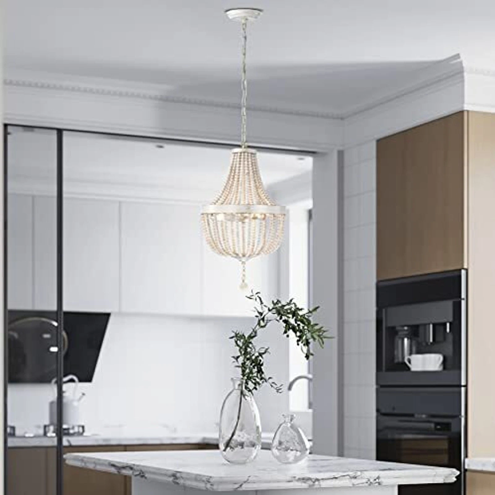 New Wood Bead Chandelier 3-Light Boho Pendant Light Wash White - photo 4