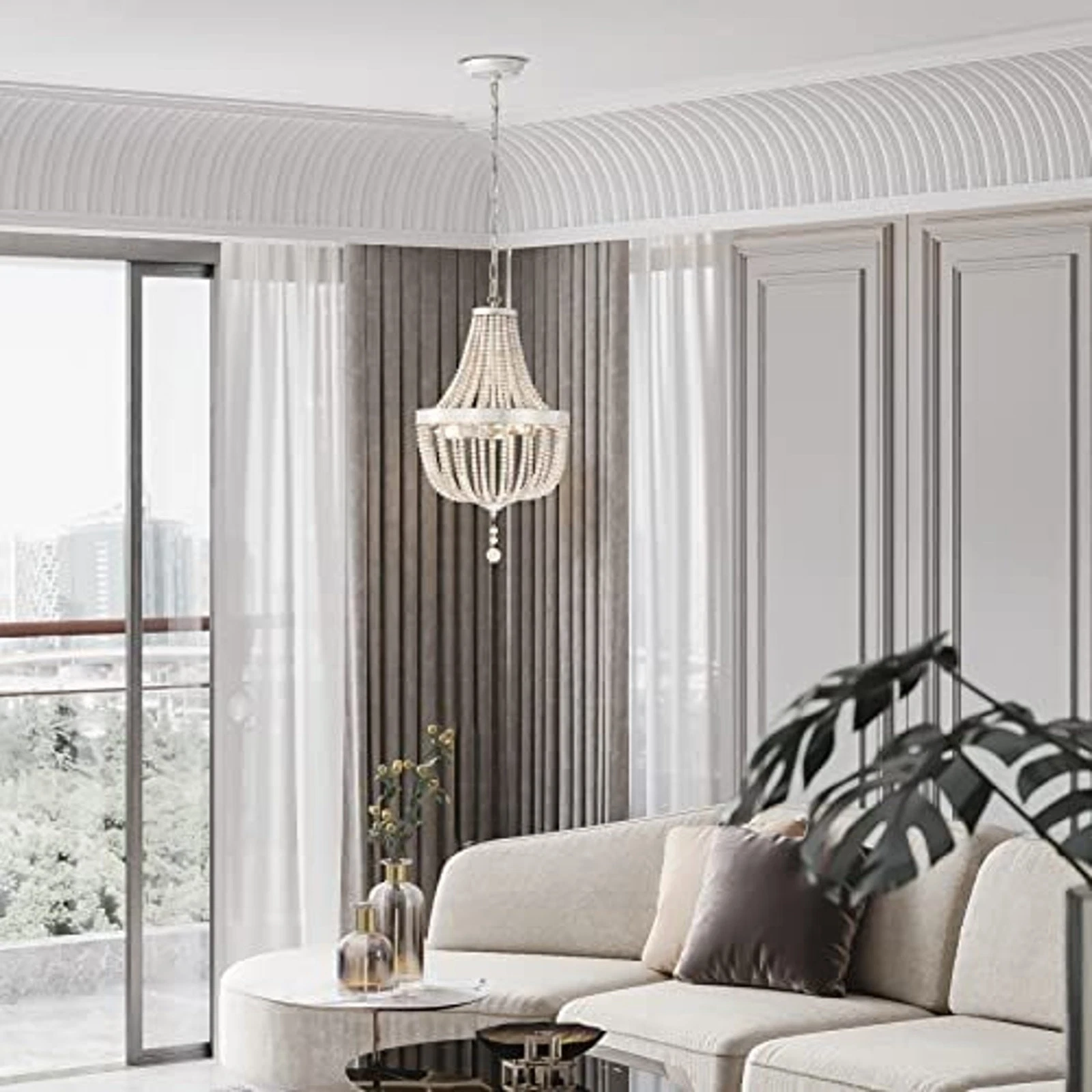 New Wood Bead Chandelier 3-Light Boho Pendant Light Wash White - photo 5