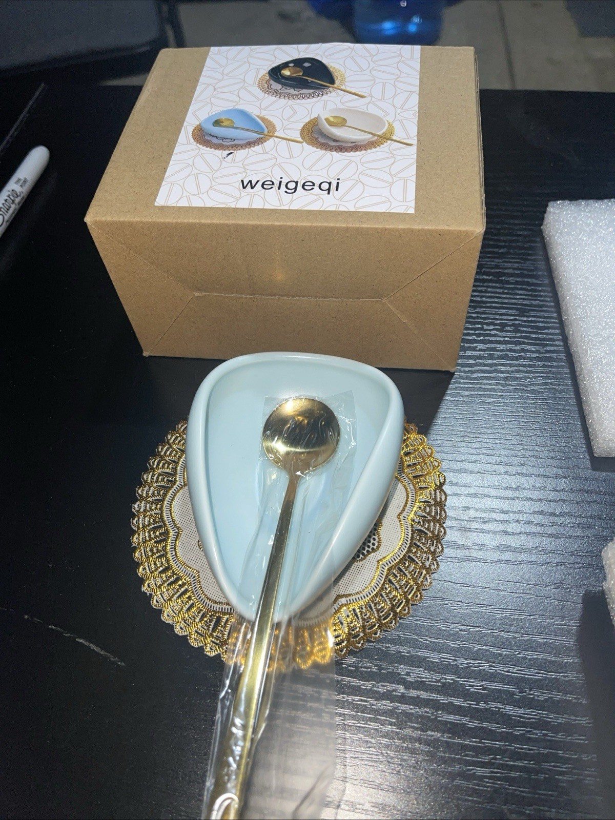 Ceramic Coffee Spoon Rest with Spoon - Baby Blue/White