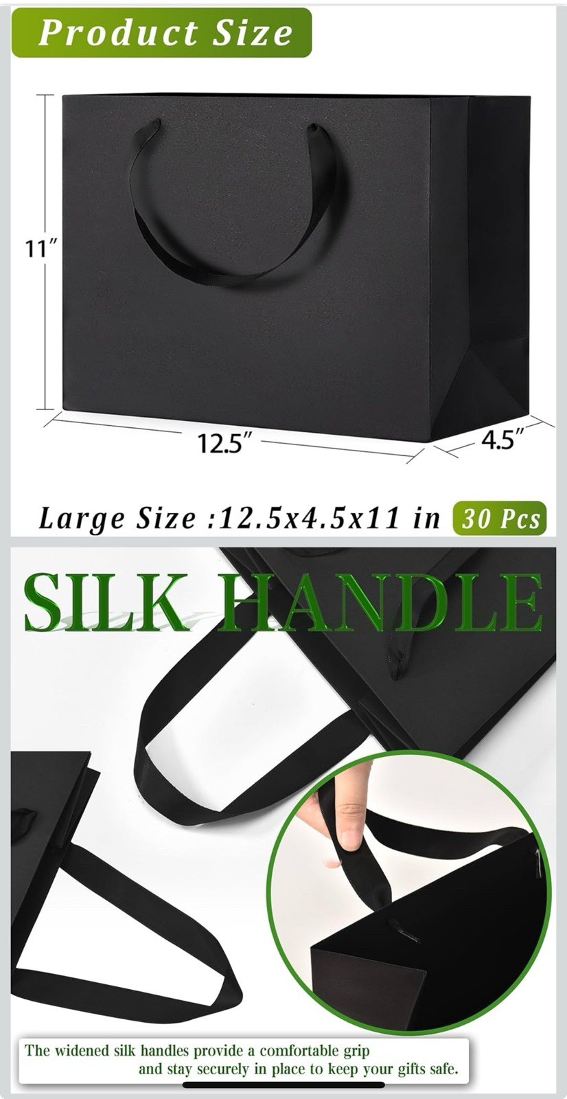 Black Paper Kraft Bags with Handles - 30 Pcs, Large - photo 2