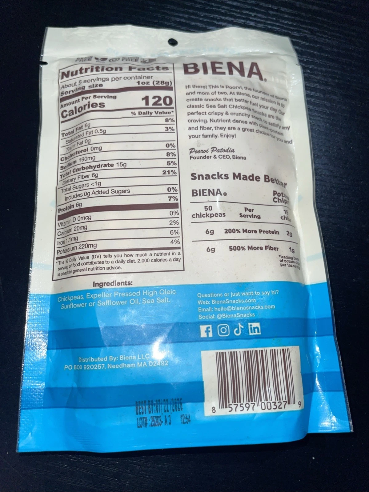 BIENA Chickpea Snacks, Sea Salt, 5 oz - photo 3