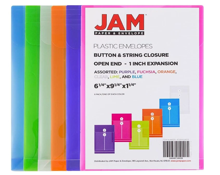 JAM PAPER Plastic Envelopes with Button & String Tie - 6 1/4 x 9