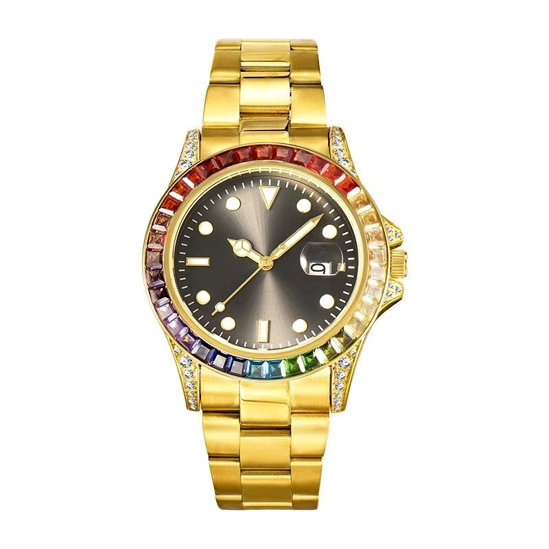 Men's Gold Tone Watch Rainbow Crystal Bezel Black Dial Quartz Da