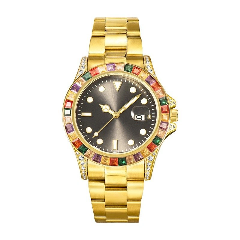 Men's Gold Tone Watch Rainbow Crystal Bezel Black Dial Quartz Da - photo 2