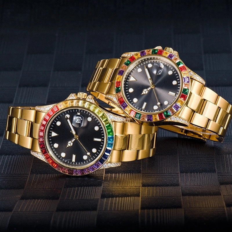 Men's Gold Tone Watch Rainbow Crystal Bezel Black Dial Quartz Da - photo 3