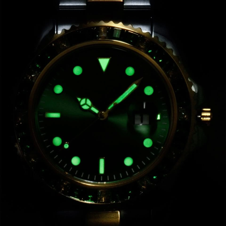 Men's Gold Tone Watch Rainbow Crystal Bezel Black Dial Quartz Da - photo 4