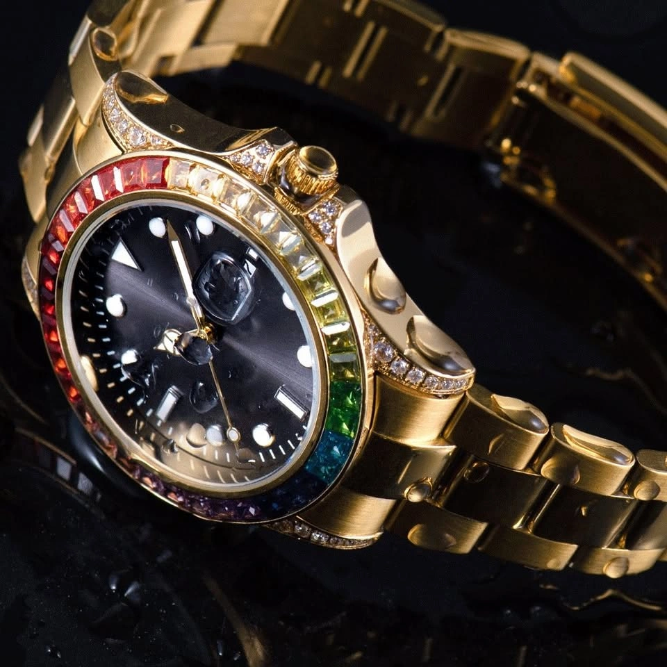 Men's Gold Tone Watch Rainbow Crystal Bezel Black Dial Quartz Da - photo 5