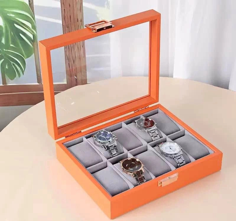 Luxury 6-Slot Watch Storage Box with Glass Display Lid – Orange