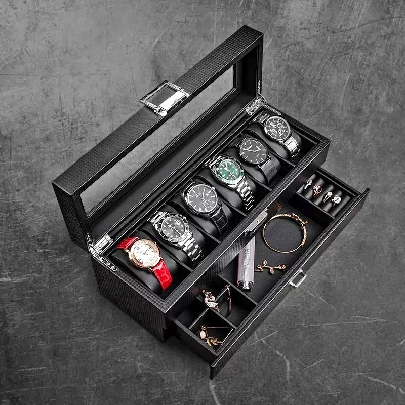 6 Slot Watch Box Organizer w/ Glass Lid & Drawer