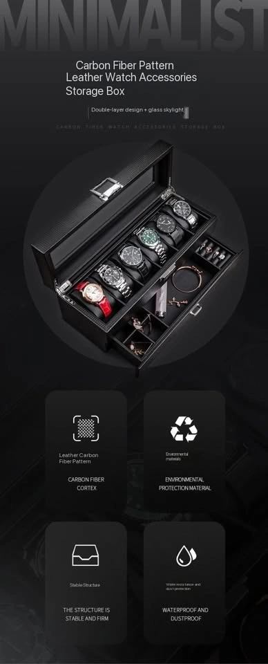 6 Slot Watch Box Organizer w/ Glass Lid & Drawer - photo 3