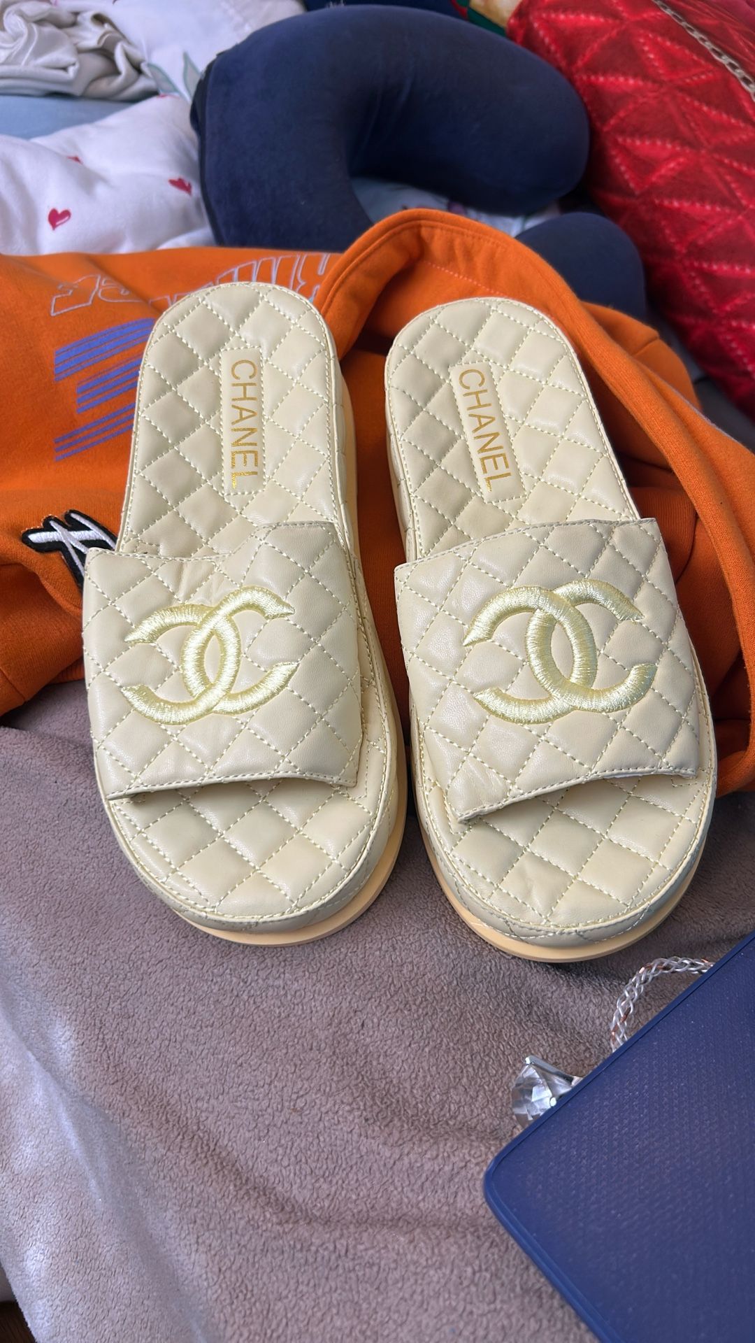 Ladies Chanel Slide Shoes Yellow Gold Size 8