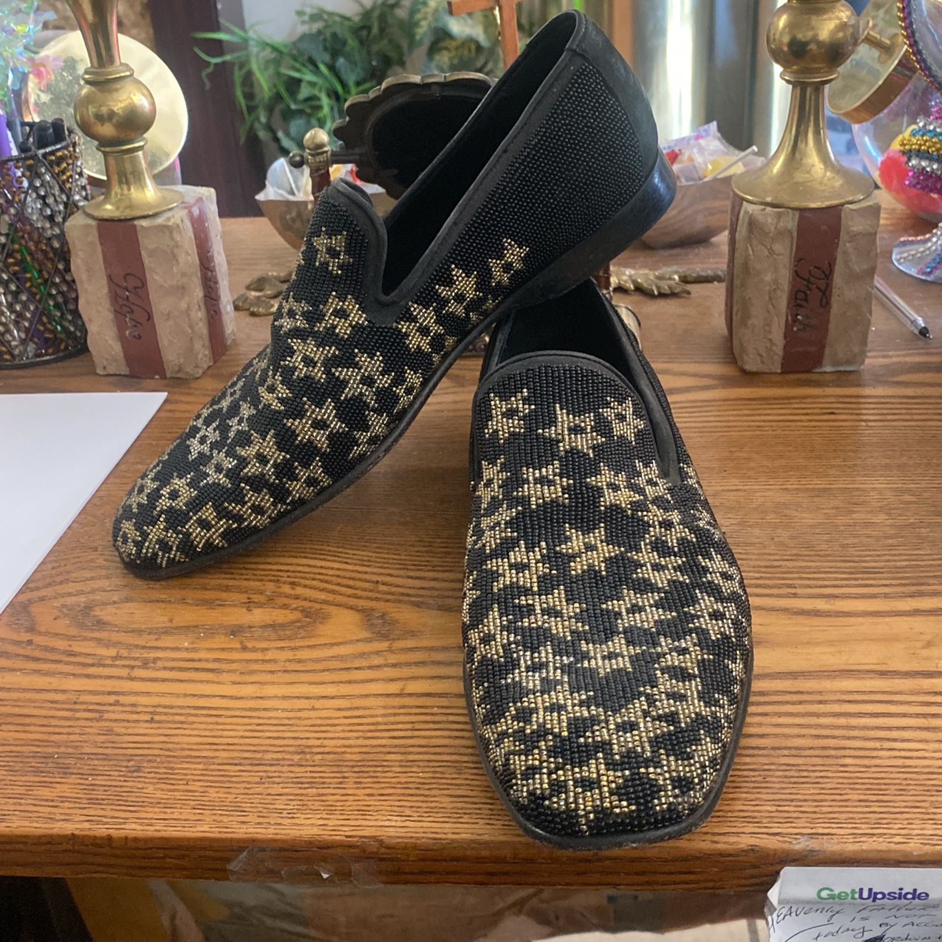 Men Donald J Pliner Shoes Black Gold Beaded Slip On 8 M