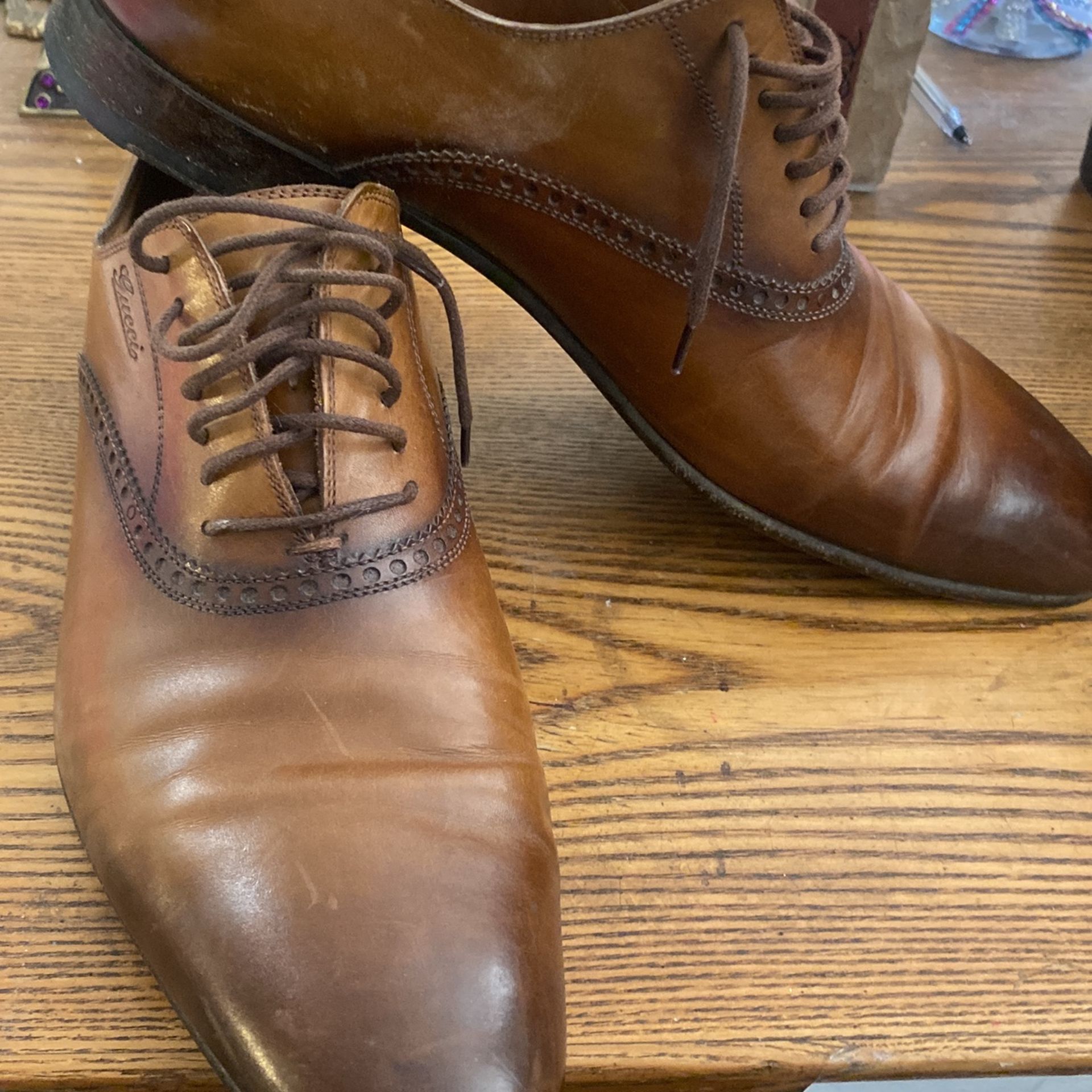 Men Gucci Brown Leather Oxford Brogue Shoes Size 6 - photo 3