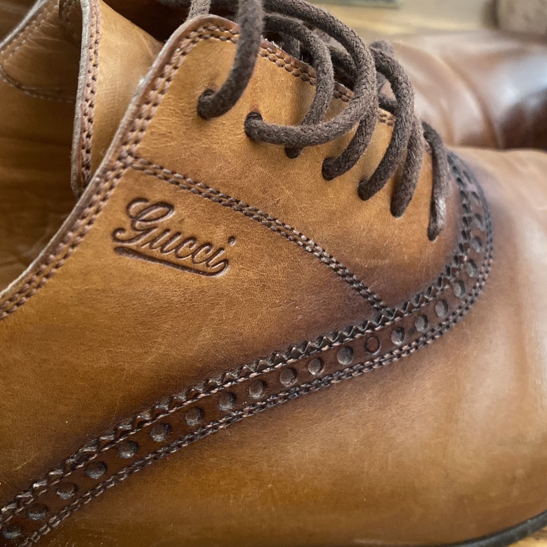 Men Gucci Brown Leather Oxford Brogue Shoes Size 6 - photo 5