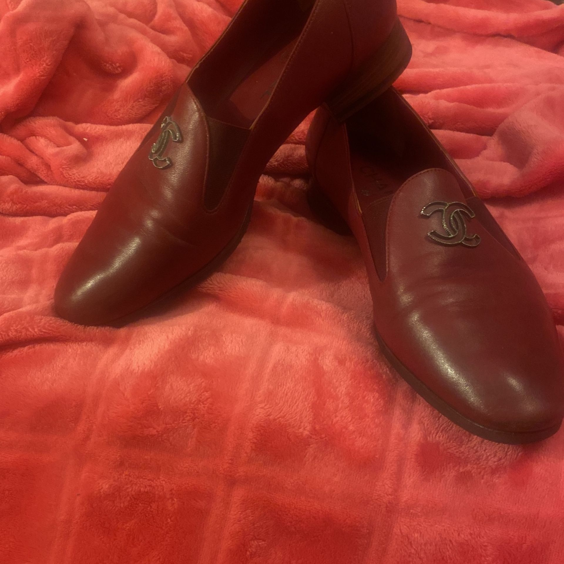 Ladies Chanel Shoes Burgundy Leather Loafers Slip On Sz 39.5