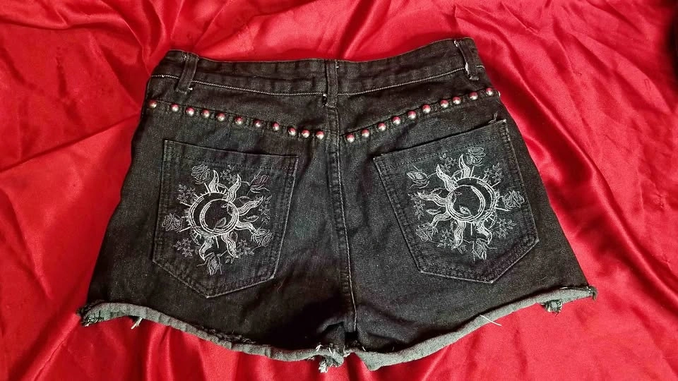 Black Denim Western Hippy Studded Shorts Sun Moon Embroidery