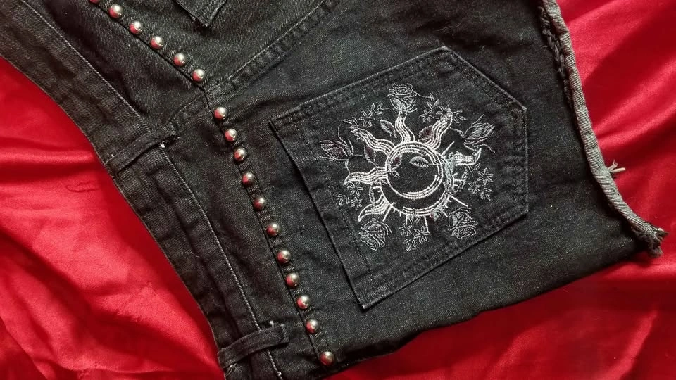 Black Denim Western Hippy Studded Shorts Sun Moon Embroidery - photo 2