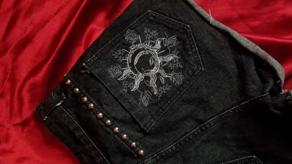 Black Denim Western Hippy Studded Shorts Sun Moon Embroidery - photo 3